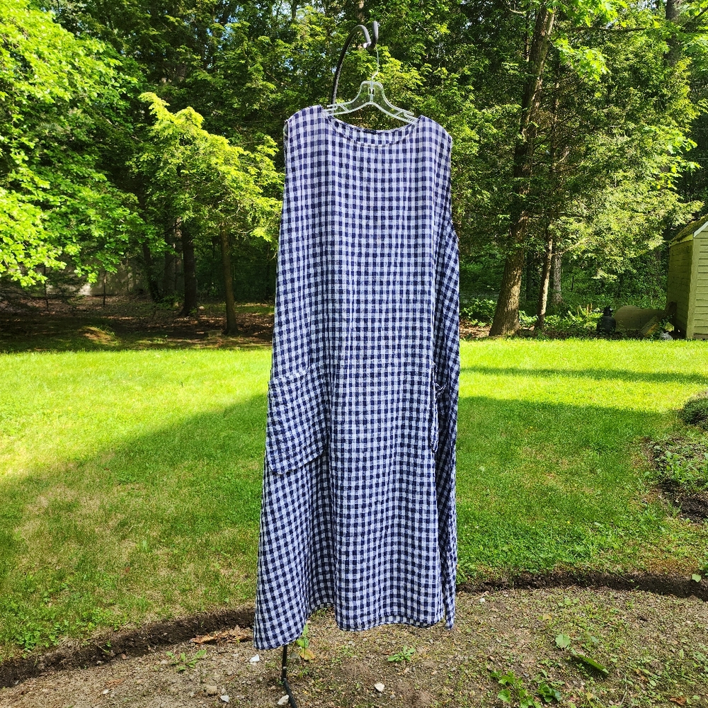 Apuntob Blue & White Linen  Sleeveless Gingham Midi Dress Large - Picture 2 of 15